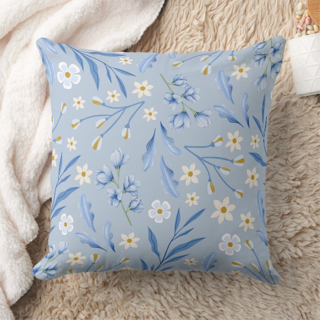 Blue Floral Garden Throw Pillow (Blanket)
