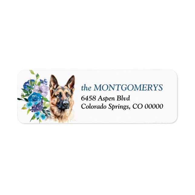 Blue Floral German Shepherd Dog Return Address (Front)
