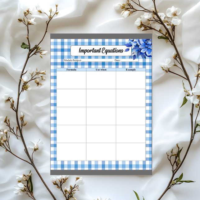 Blue Floral Gingham _ Important Equations Notepad (Creator Uploaded)