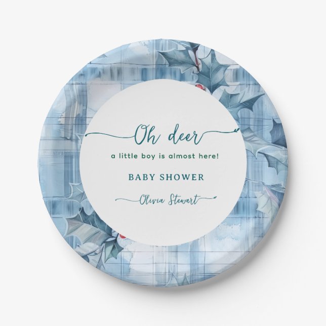  Blue Floral Gingham oh deer baby shower  Paper Plate (Front)