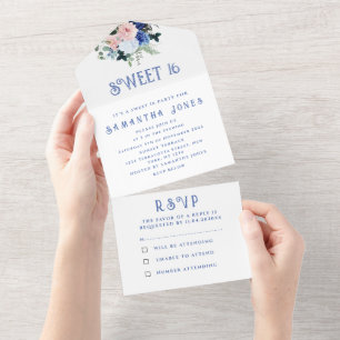 Blue Floral Girly Peony Sweet 16 Floral Sixteen All In One Invitation