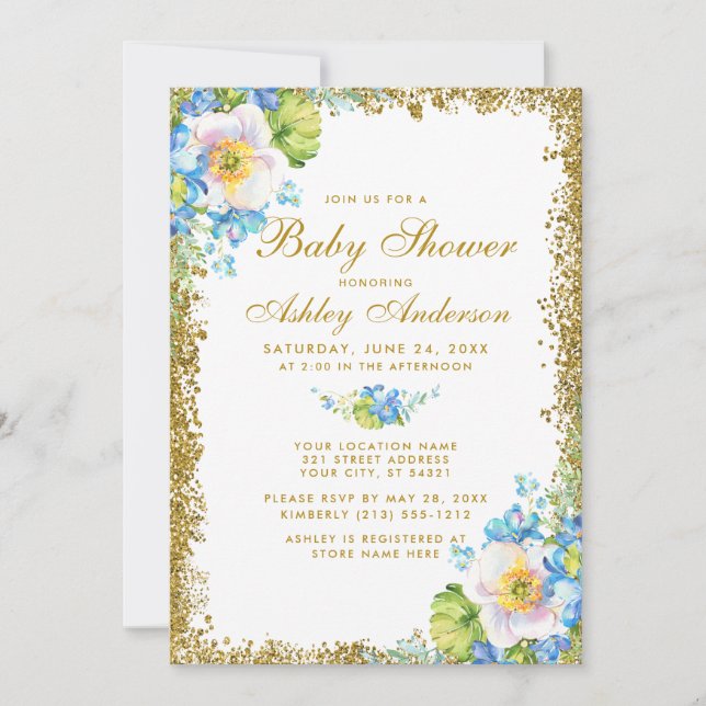 Blue Floral Gold Baby Shower Glitter Invitation (Front)