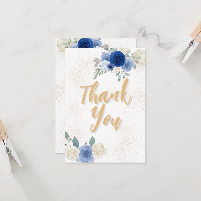 Blue Floral & Gold Baby Shower Thank You Card (Front/Back In Situ)