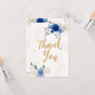 Blue Floral & Gold Baby Shower Thank You Card