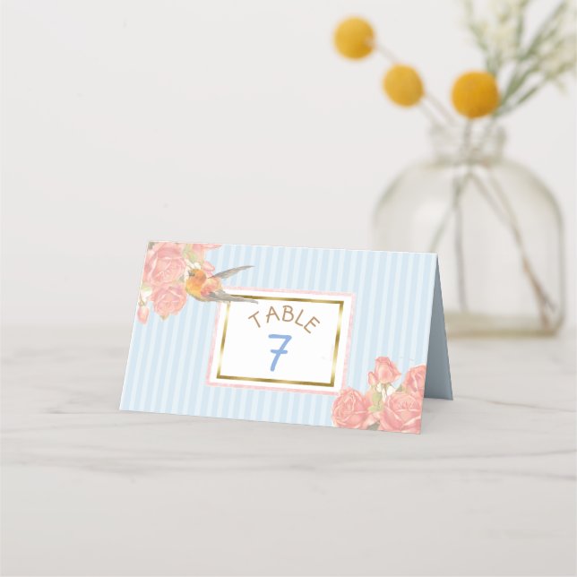 Blue Floral Gold Bird Wedding Table Number Place Card (Front)