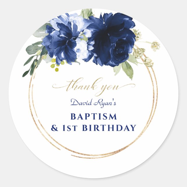 Blue Floral Gold Boy 1st Birthday Baptism Classic Round Sticker (Front)