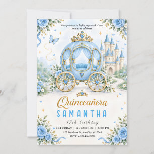Blue Floral Gold Carriage Quinceañera Princess Invitation
