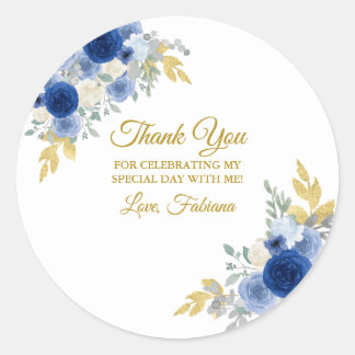 Blue Floral & Gold Classic Round Sticker