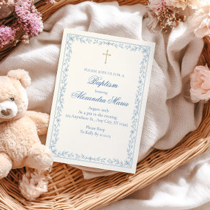 Blue Floral Gold Cross Baptism Invitation