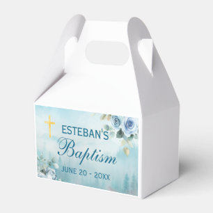 Blue Floral Gold Cross Christening Box