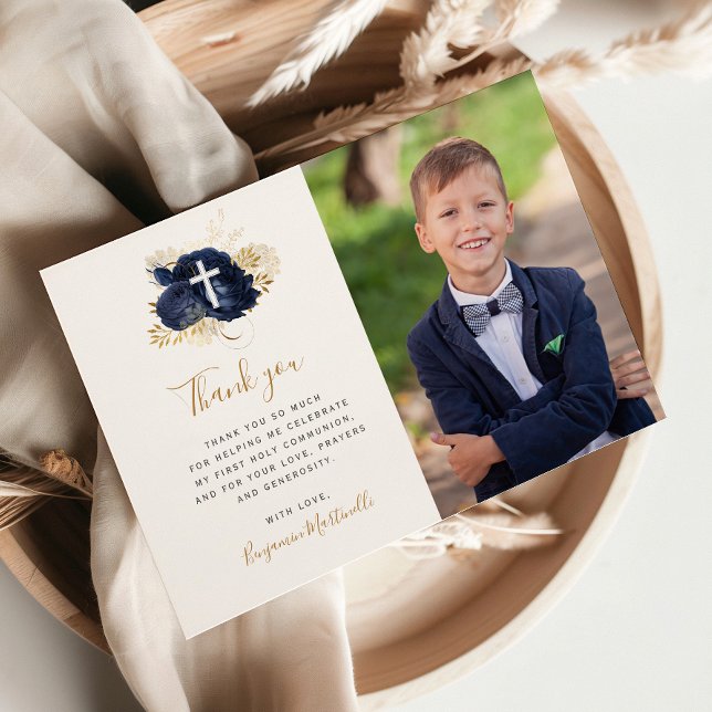Blue Floral Gold First Communion Thank You (Creator Uploaded)