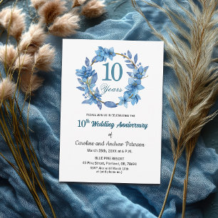 Blue Floral Gold Frame 10th Wedding Anniversary Invitation