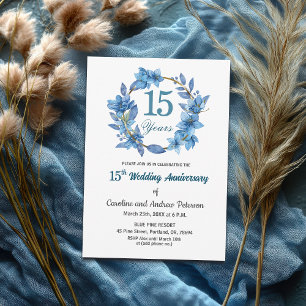 Blue Floral Gold Frame 15th Wedding Anniversary Invitation