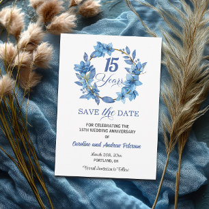 Blue Floral Gold Frame 15th Wedding Anniversary Save The Date