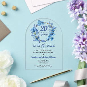 Blue Floral Gold Frame 20th Wedding Anniversary Acrylic Invitations