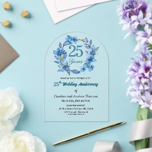 Blue Floral Gold Frame 25th Wedding Anniversary Acrylic Invitations