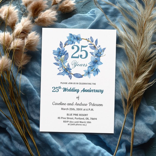  Blue Floral Gold Frame 25th Wedding Anniversary  Invitation (Creator Uploaded)