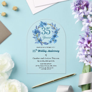 Blue Floral Gold Frame 35th Wedding Anniversary Acrylic Invitations