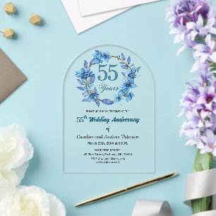 Blue Floral Gold Frame 55th Wedding Anniversary Acrylic Invitations