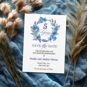Blue Floral Gold Frame 5th Wedding Anniversary Save The Date