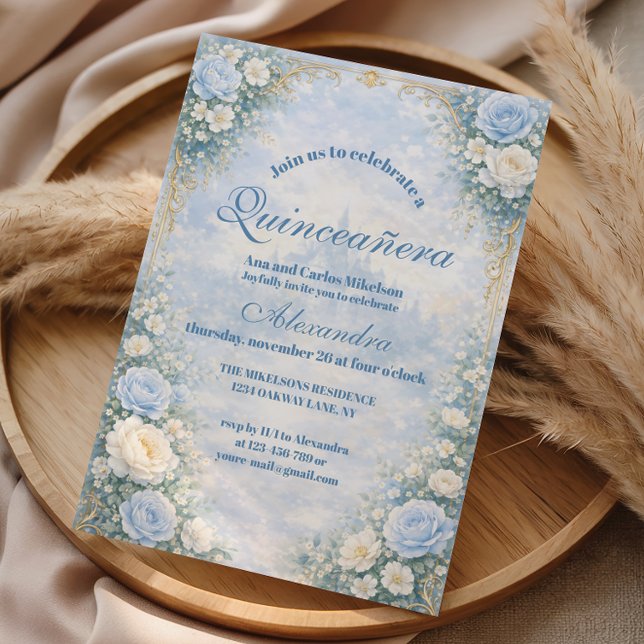Blue Floral Gold Garden Quinceañera Invitation (Creator Uploaded)