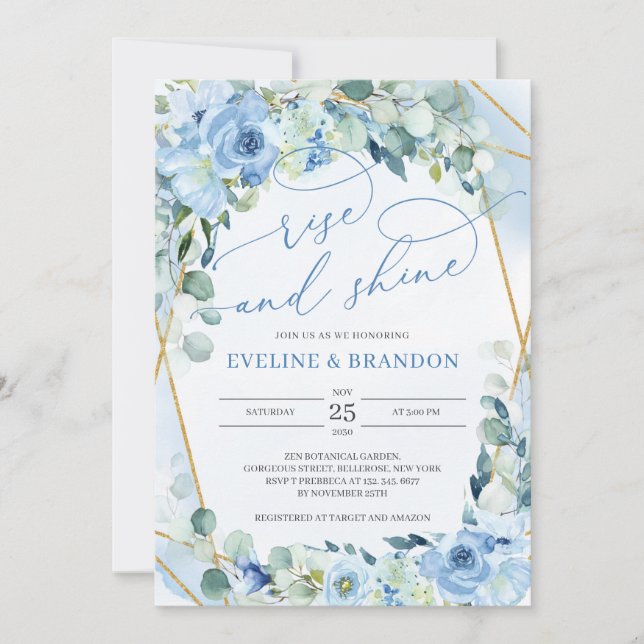 Blue Floral GOld Geometric Rise and Shine Wedding Invitation (Front)