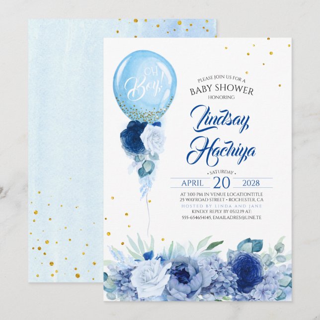Blue Floral Gold Glitter Balloon Baby Shower Invitation (Front/Back)