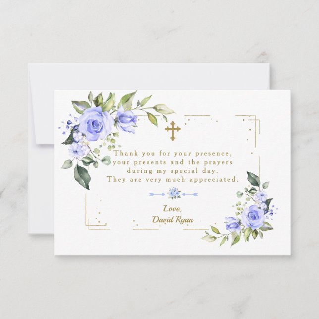 Blue Floral Gold Glitter Frame Cross Boy Baptism Thank You Card (Front)