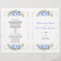 Blue Floral Gold Glitter Frame Wedding Program