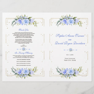 Blue Floral Gold Glitter Frame Wedding Program Flyer
