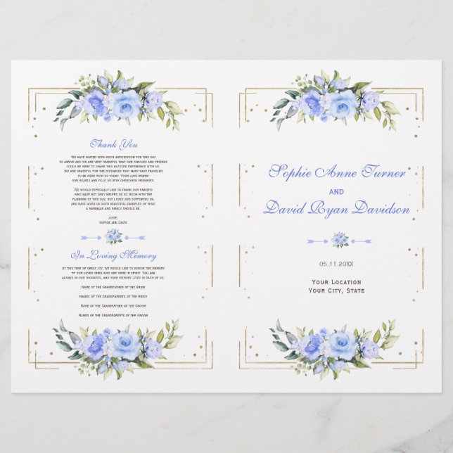 Blue Floral Gold Glitter Frame Wedding Program Flyer (Front)