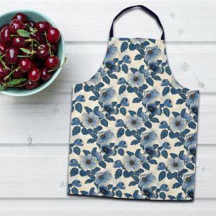 Blue Floral Gold Glitter Japanese Ukiyo-e Apron