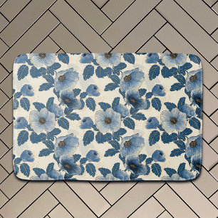 Blue Floral Gold Glitter Japanese Ukiyo-e Bath Mat