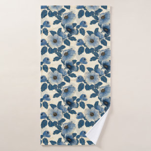 Blue Floral Gold Glitter Japanese Ukiyo-e Bath Towel