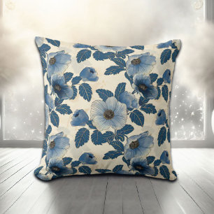 Blue Floral Gold Glitter Japanese Ukiyo-e Cushion