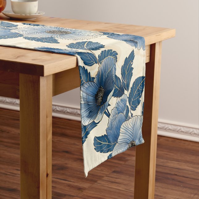 Blue Floral Gold Glitter Japanese Ukiyo-e Long Table Runner (In Situ)