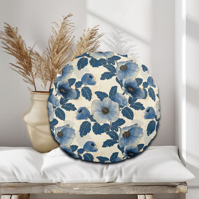 Blue Floral Gold Glitter Japanese Ukiyo-e Round Cushion (Creator Uploaded)