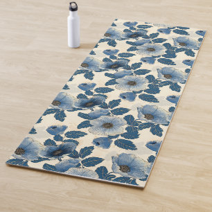 Blue Floral Gold Glitter Japanese Ukiyo-e Yoga Mat