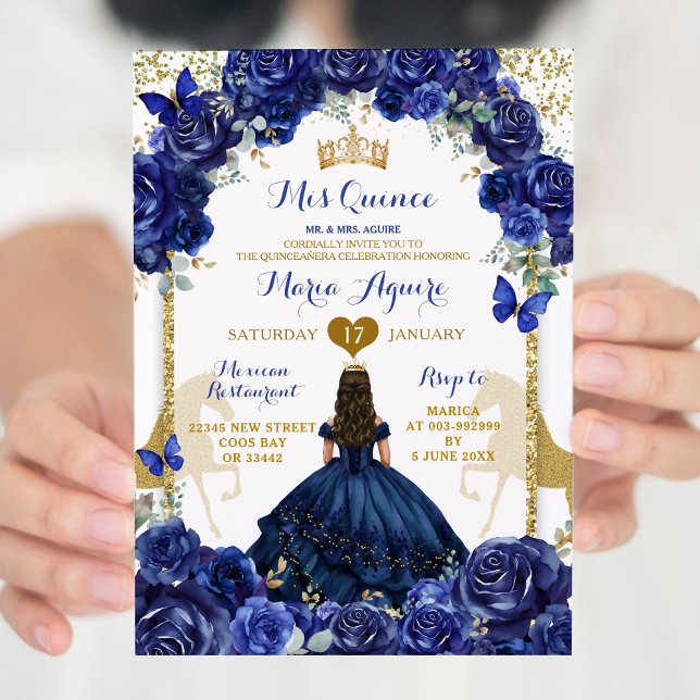 Blue Floral Gold Horse Princess Quinceañera Invitation (Creator Uploaded)