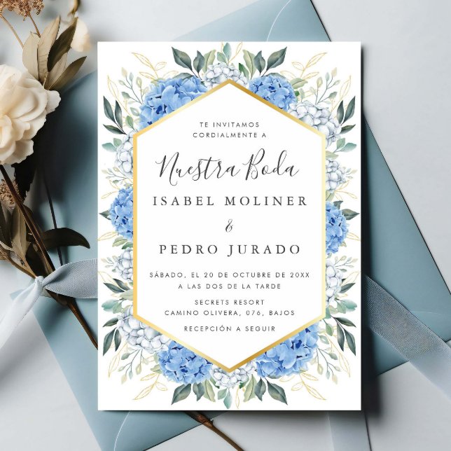 Blue Floral Gold Leaves Nuestra Boda Wedding Invitation (Creator Uploaded)