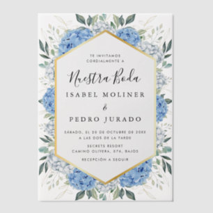 Blue Floral Gold Leaves Nuestra Boda Wedding Vellum Invitations