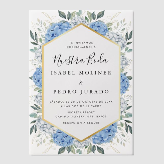 Blue Floral Gold Leaves Nuestra Boda Wedding Vellum Invitations (Front)