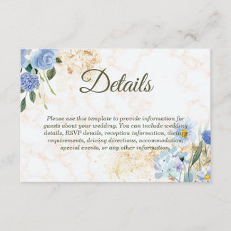 Blue Floral Gold Marble Wedding Enclosure Card