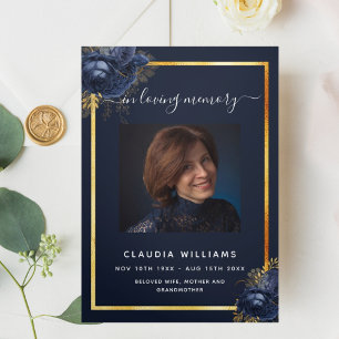 Blue floral gold photo tri-fold funeral program