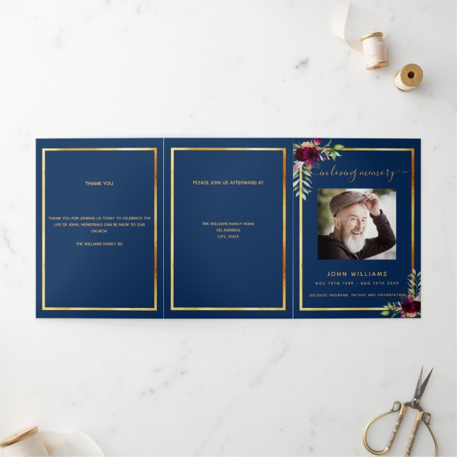 Blue floral gold photo tri-fold funeral program announcement (Outside)