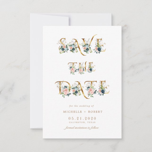 blue floral gold script Photo Save The Date Invitation (Front)