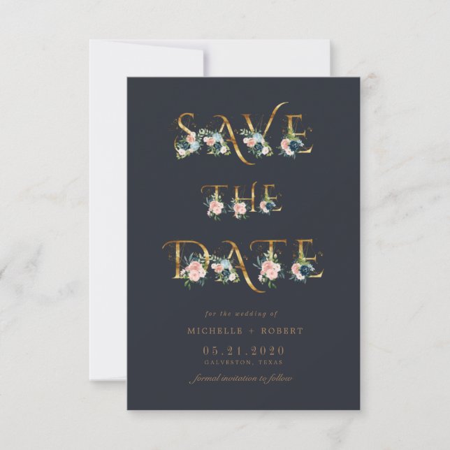 blue floral gold script Photo Save The Date Invitation (Front)