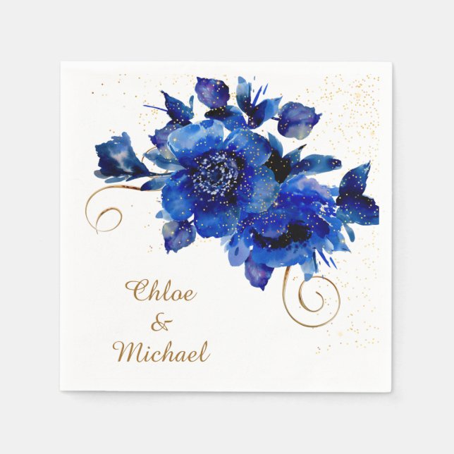 Blue Floral Gold Swirl Wedding Napkins (Front)