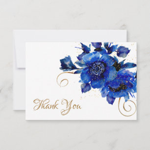Blue Floral Gold Swirl Wedding Thank You