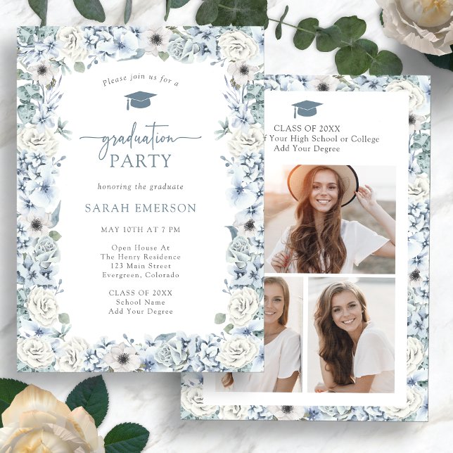 Blue Floral Graduation Invitation (Watercolor Blue Floral Graduation Party Invitation Photo Collage by Painted Paperie
)